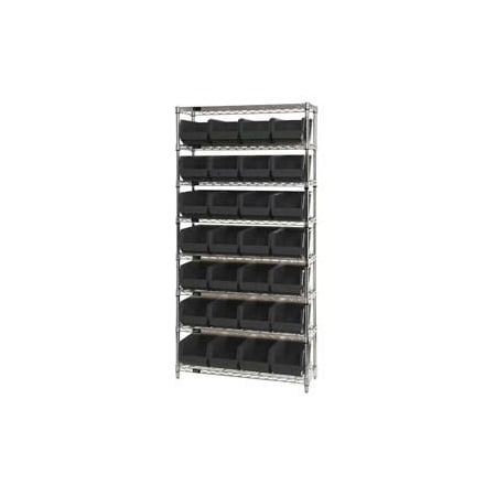 Global Industrial Chrome Wire Shelving w/ 28 Stacking Black Bins, 36inW x 14inD x 74inH, Gray 268928BK